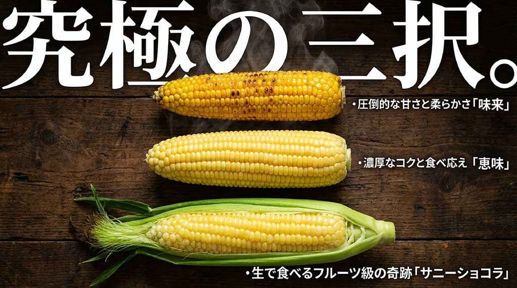 甘さと柔らかさの「味来」、コクの「恵味」、生食可能な「サニーショコラ」の特徴比較