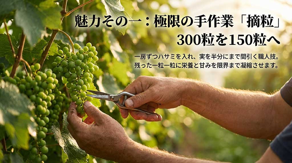 300粒の身を半分（150粒）にまで間引くことで栄養を凝縮させる職人技「摘粒」の解説
