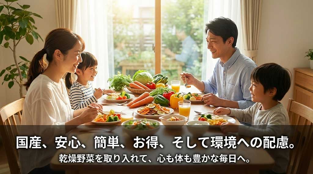 国産・安心・簡単・お得・環境配慮の5つのメリットで豊かな毎日を送るまとめスライド