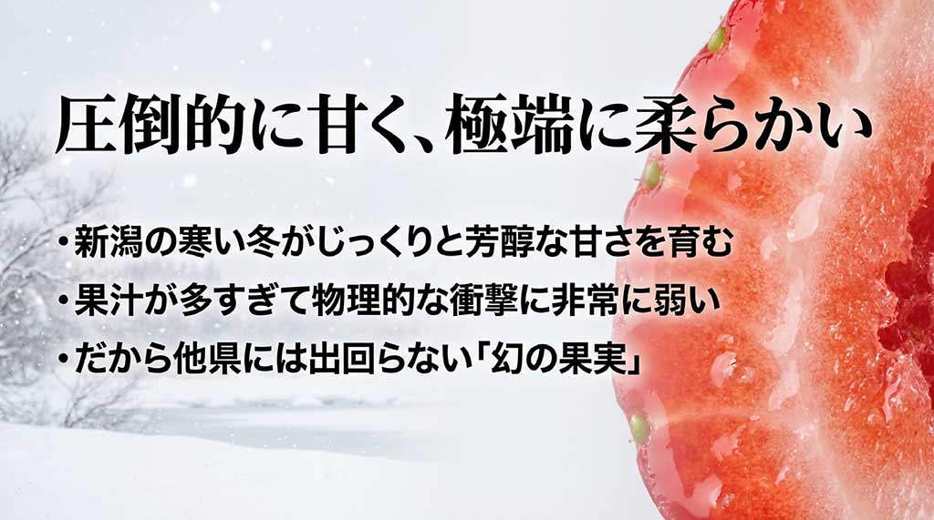 圧倒的な甘さと柔らかさが特徴の越後姫。新潟の厳しい冬が育む芳醇な甘みと、衝撃に弱いデリケートな性質を解説