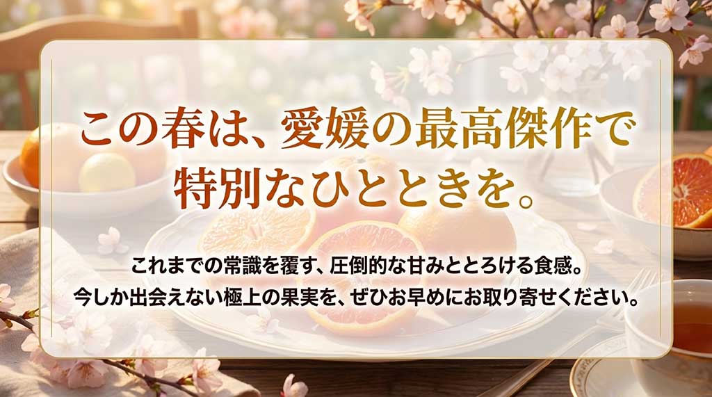 愛媛の最高傑作、紅プリンセスのお取り寄せを呼びかける結びのスライド
