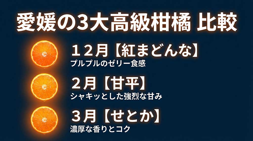 愛媛の3大高級柑橘である紅まどんな、甘平、せとかの旬の時期と食感・味わいの違いをまとめた比較図