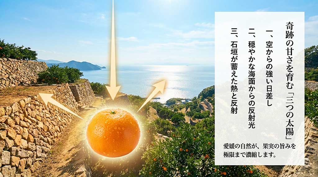 空からの日差し、海面の反射光、石垣の反射熱という3つの太陽の仕組みを説明する資料