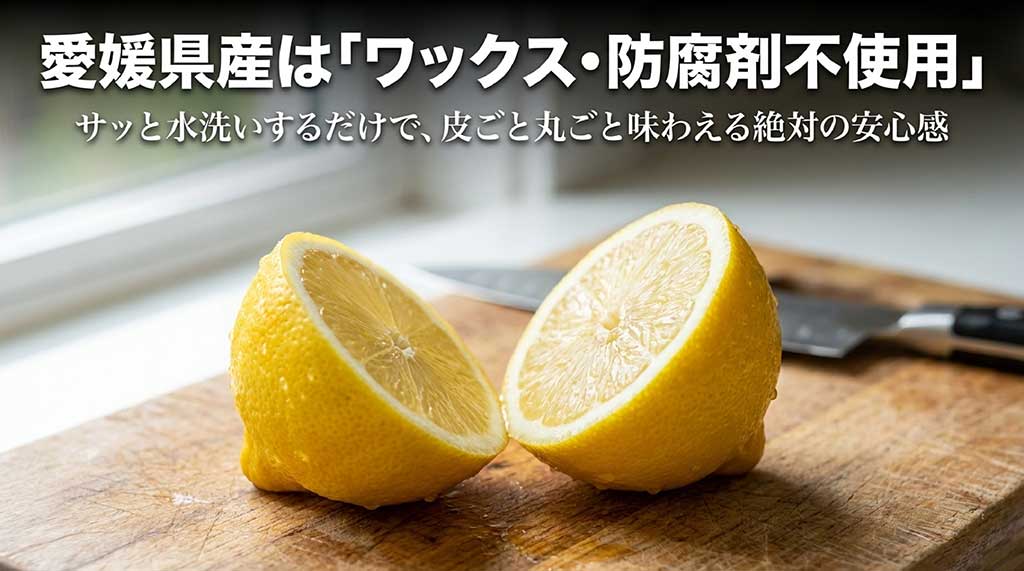 愛媛県産はワックス・防腐剤不使用。サッと水洗いするだけで皮ごと丸ごと味わえる安心感