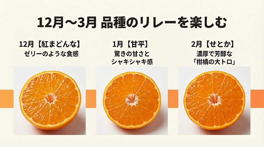 紅まどんな、甘平、せとかの断面画像と、それぞれの食感や味の特徴を比較した図解