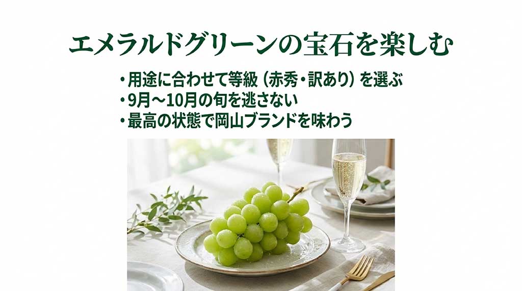 テーブルに並べられたシャインマスカットとシャンパングラス。旬を逃さず味わうことのまとめ