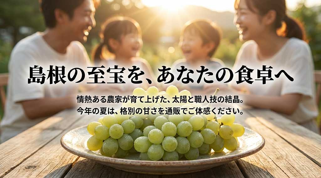 農家の情熱と職人技が詰まった島根のデラウェアを、通販で体験することを促すエンディングメッセージ