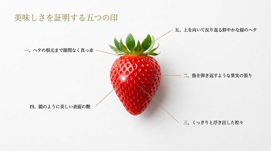 ヘタの根元まで赤い、果実の張り、表面の艶など、美味しいいちごを見分ける5つのポイント