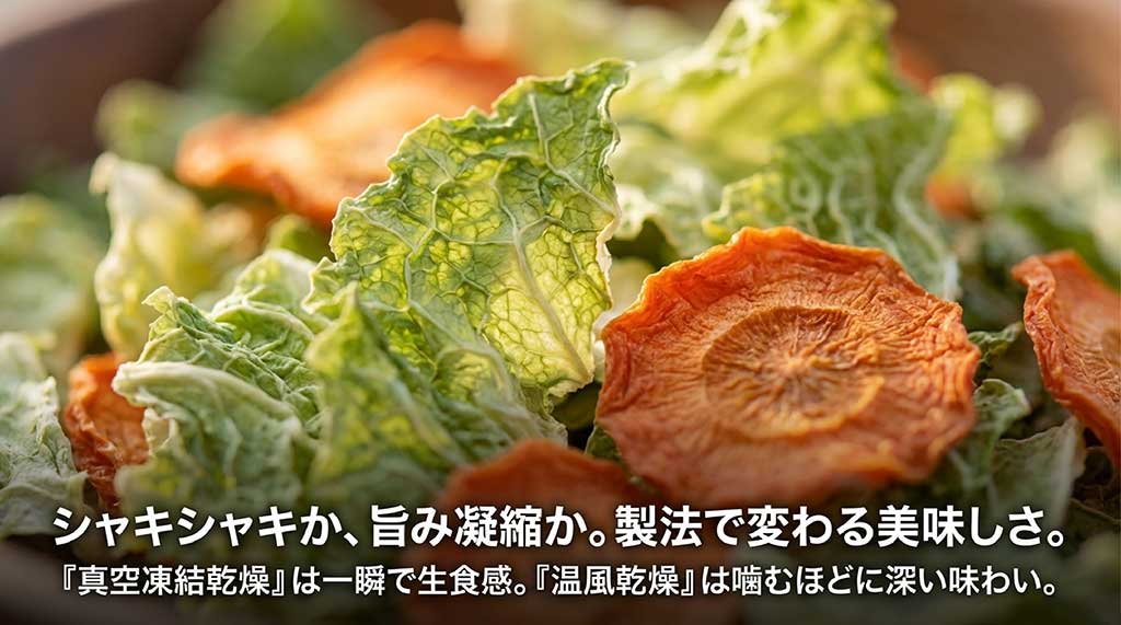 真空凍結乾燥（フリーズドライ）と温風乾燥（エアドライ）の食感と味わいの違いの比較