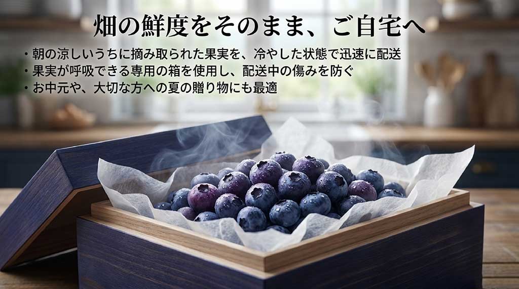 朝摘み果実を冷やした状態で迅速配送し、呼吸できる専用箱で傷みを防ぐ、お中元にも最適な配送体制の解説