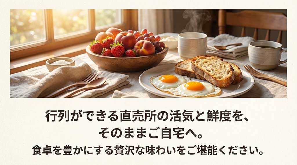 行列ができる直売所の活気と鮮度を自宅で楽しむ、豊かな食卓のイメージ