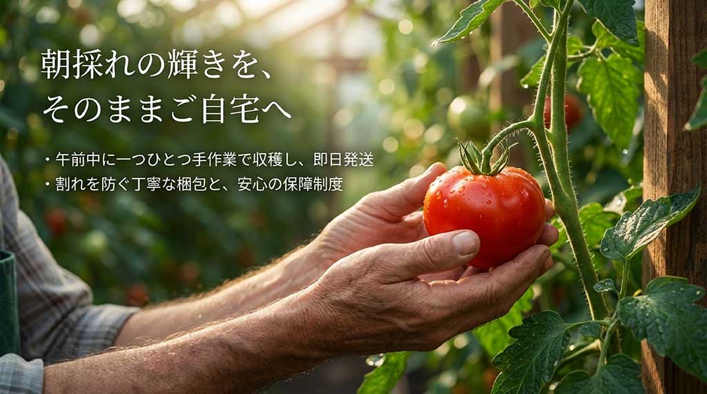 午前中に手作業で収穫し即日発送する体制と、割れを防ぐ梱包・保障制度についての紹介スライド