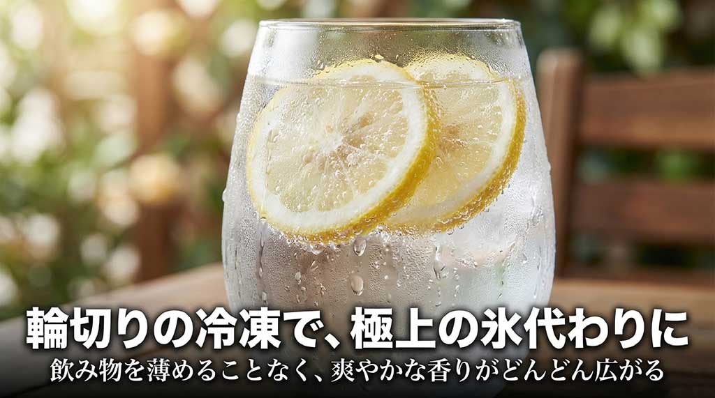 輪切りの冷凍レモンを氷代わりにする活用術。飲み物を薄めず爽やかな香りが広がる