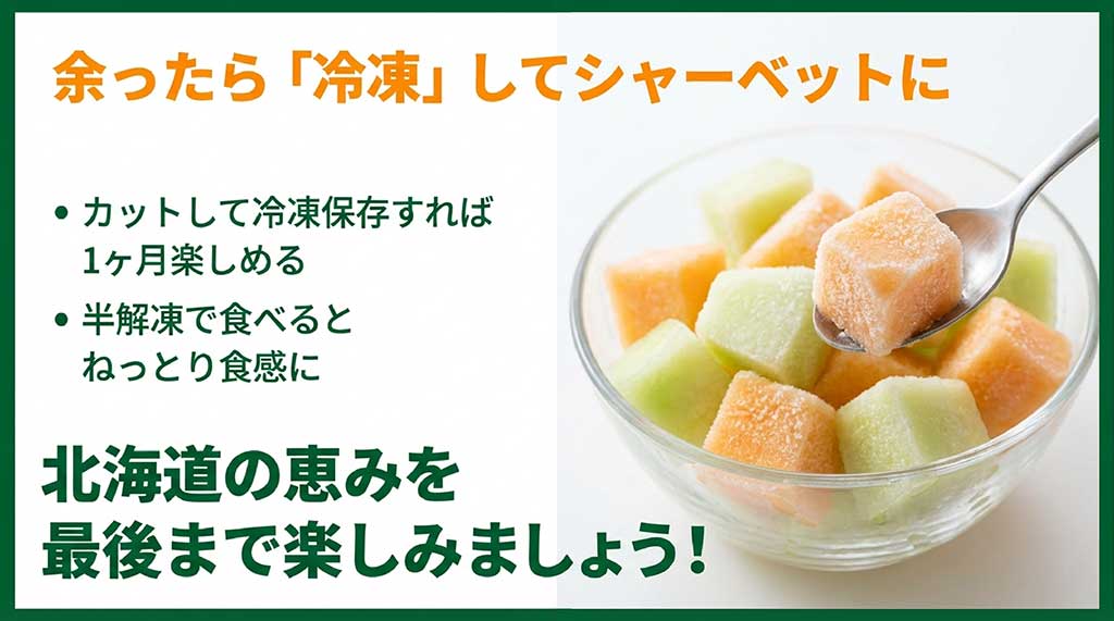 カットしたメロンを冷凍してシャーベットとして楽しむ方法と1ヶ月保存できることの案内