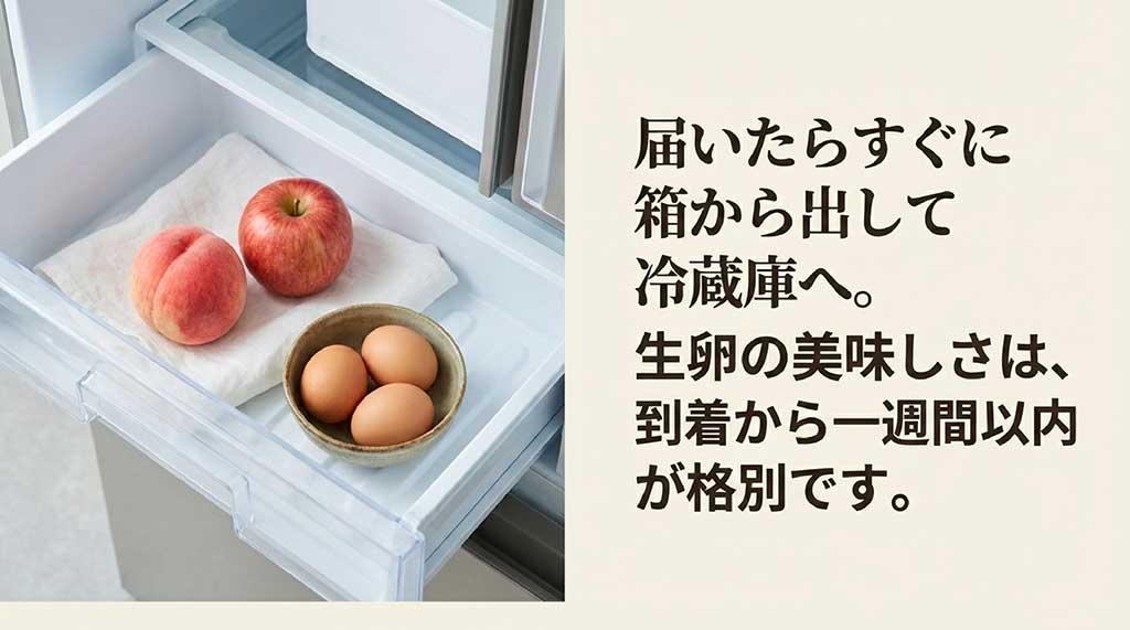 到着後すぐに冷蔵庫へ入れる手順と、生卵の美味しさが一週間以内であることの案内