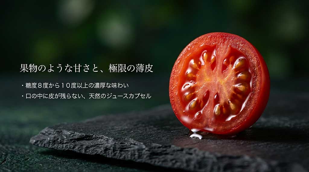 糖度8度から10度以上の濃厚な味わいと、口に皮が残らない極限の薄皮を解説した断面画像付きスライド