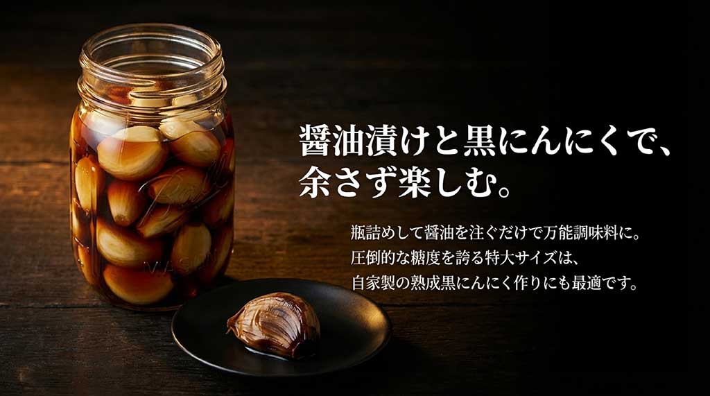 醤油漬けで万能調味料に。圧倒的な糖度の大玉は自家製黒にんにく作りにも最適