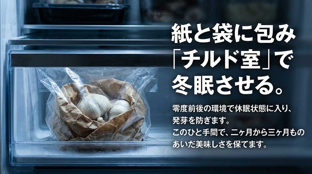 紙と袋に包んでチルド室で休眠。このひと手間で2〜3ヶ月美味しさをキープ