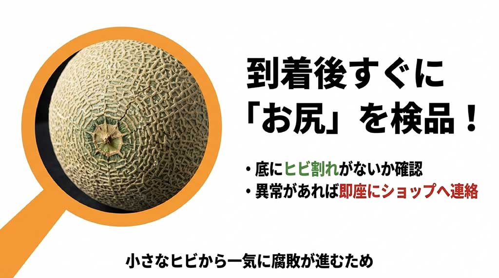 メロンの底（お尻）にヒビ割れがないかを確認する方法と、異常時のショップ連絡について