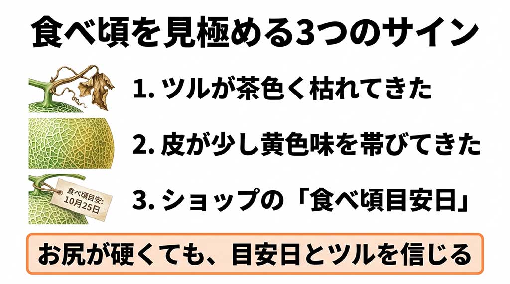 ツルの枯れ具合、皮の色、ショップの目安日の3点から判断するメロンの食べ頃サイン