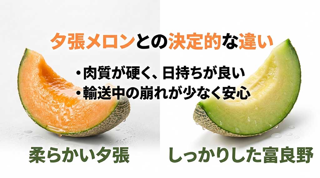 夕張メロンは柔らかく、富良野メロンは肉質がしっかりして日持ちが良いことを説明する比較図
