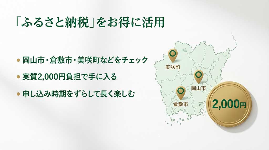 岡山市、倉敷市、美咲町など対象自治体の紹介と、実質2,000円負担で手に入る仕組みの図解