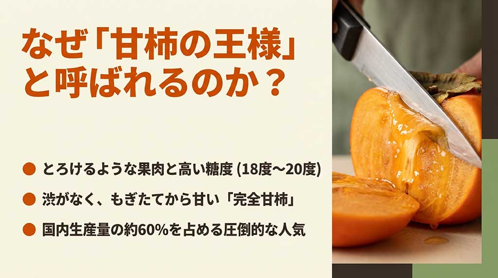 富有柿の糖度が18度から20度と高く、国内生産量の約60%を占めることを説明するスライド