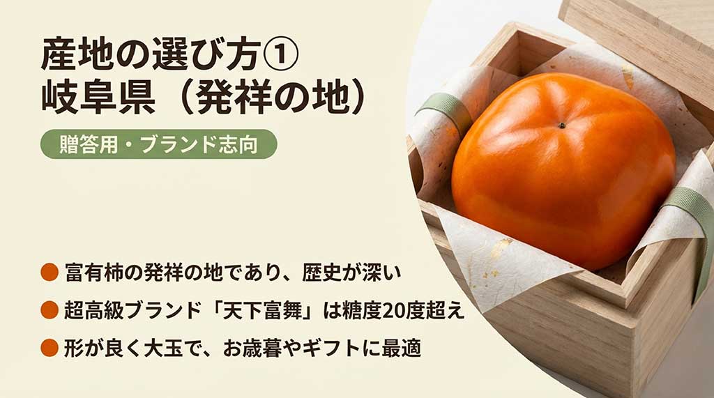 発祥の地である岐阜県産の富有柿の特徴と、糖度20度を超えるブランド柿「天下富舞」の紹介
