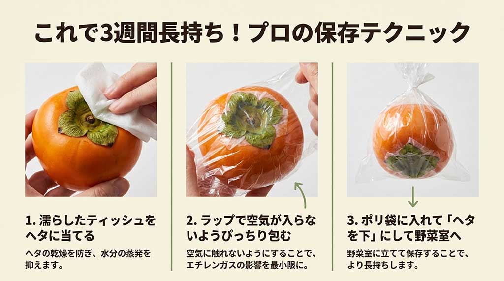 濡らしたティッシュをヘタに当て、ラップで包み、ヘタを下にして野菜室に入れる3ステップの保存方法