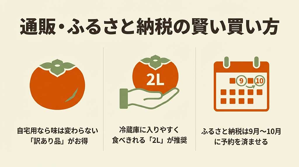 自宅用には訳あり品や2Lサイズが推奨されること、ふるさと納税は9月〜10月予約がおすすめであることを示す画像