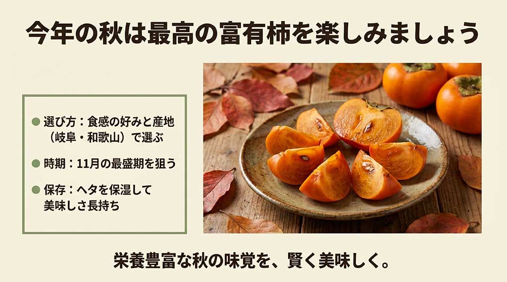 選び方、時期、保存方法のポイントをまとめた富有柿の楽しみ方まとめスライド