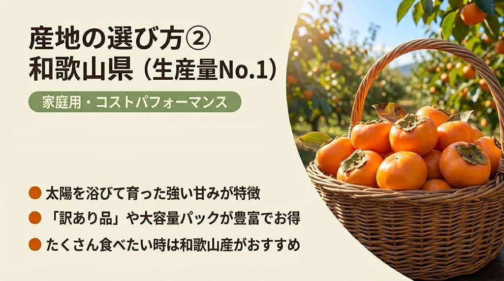 生産量日本一の和歌山県産富有柿が、家庭用や大容量パックでお得であることを説明するスライド