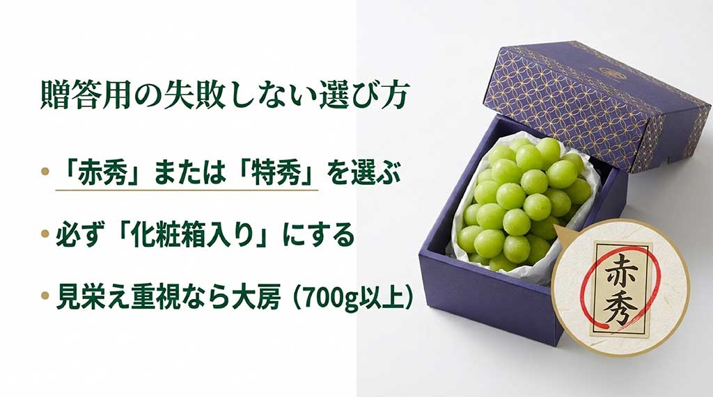 ギフト用のポイント。赤秀・特秀ランクの選択、化粧箱の利用、700g以上の大房選びの推奨