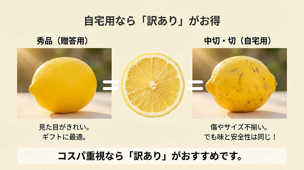見た目の美しさとコスパで選べるレモンの規格比較図