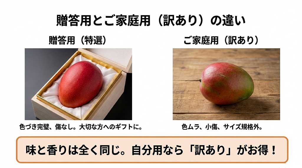 色づきや傷の有無による贈答用と家庭用の違いを説明。味や香りは同じであることを伝える比較画像
