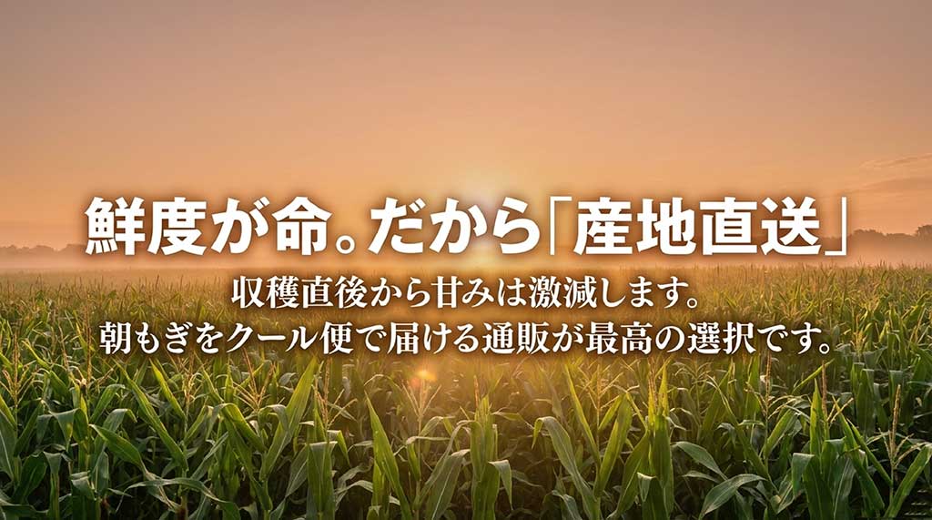 収穫直後から甘みが減るため、朝採れをクール便で届ける通販が最適であることを示す図解