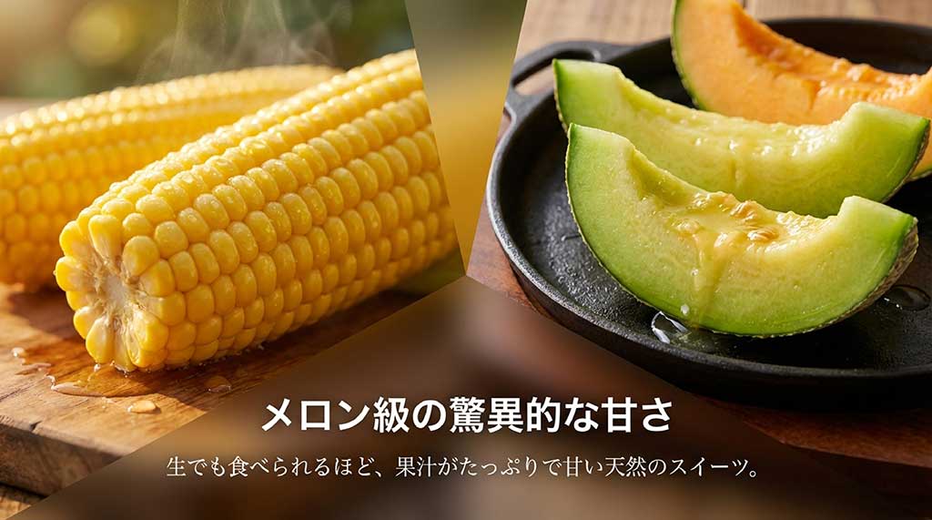 ゴールドラッシュは生でも食べられるほど果汁たっぷりで、メロン級の驚異的な甘さがあることを説明する画像