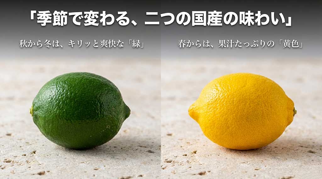 秋から冬はキリッと爽快な緑のレモン、春からは果汁たっぷりの黄色いレモンの特徴