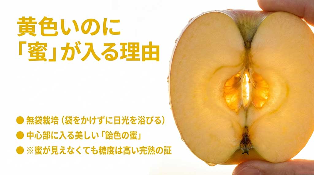 ぐんま名月の特徴スライド。糖度15〜17度の圧倒的な甘さと、酸味が少なくジューシーな食感、赤いりんごの常識を覆す味の解説