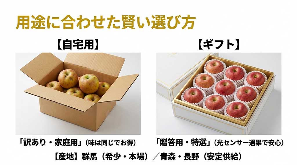自宅用（訳あり・家庭用）とギフト用（贈答用・特選）の選び方。本場の群馬産と、安定供給の青森・長野産の比較スライド