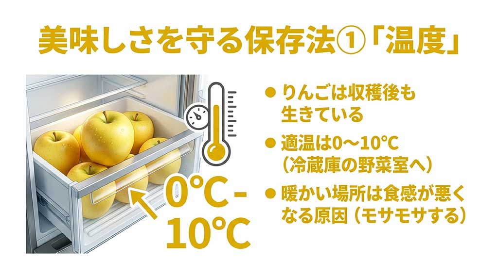 ぐんま名月の保存法（温度編）。適温は0〜10℃で冷蔵庫の野菜室が推奨。暖かい場所は食感が悪くなる原因になる解説