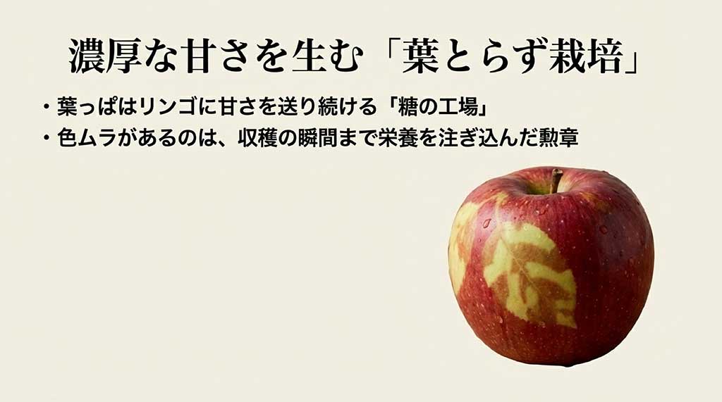 葉っぱを「糖の工場」と例え、色ムラは収穫まで栄養を注ぎ込んだ証拠であることを説明するスライド
