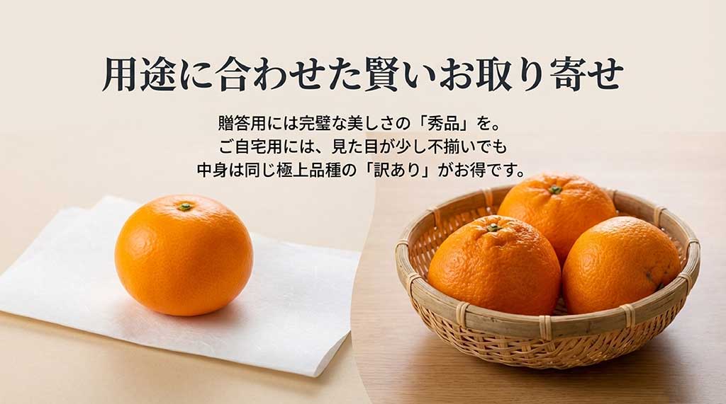 完璧な美しさの贈答用「秀品」と、見た目は不揃いでも味は極上の家庭用「訳あり」の比較案内