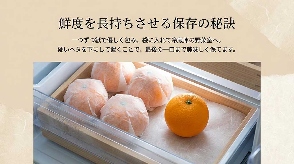 紙で包んで野菜室へ入れ、硬いヘタを下にして置くという、はまさきを美味しく保つ保存方法の解説