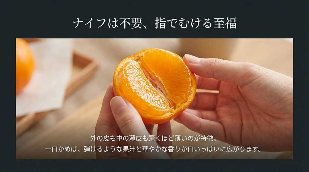 ナイフ不要で指で剥けるほど外の皮も中の薄皮も薄い「はまさき」の特徴。弾ける果汁と華やかな香りのイメージ