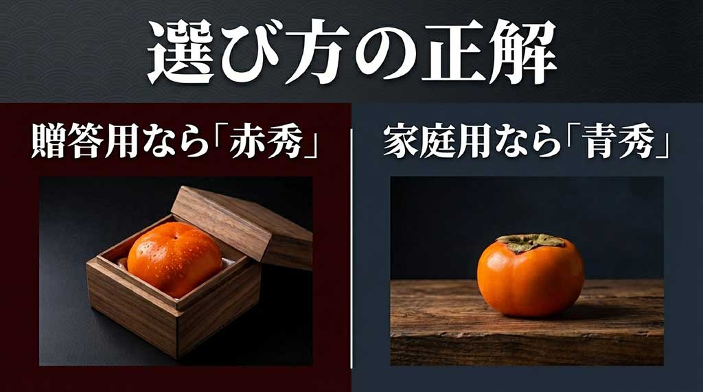 贈答用の「赤秀」と家庭用の「青秀」の選び方を解説する画像