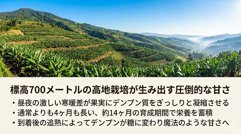 寒暖差によるデンプン凝縮や14ヶ月の長期育成など、高地栽培バナナが甘くなる理由を説明する山のイラスト付きスライド