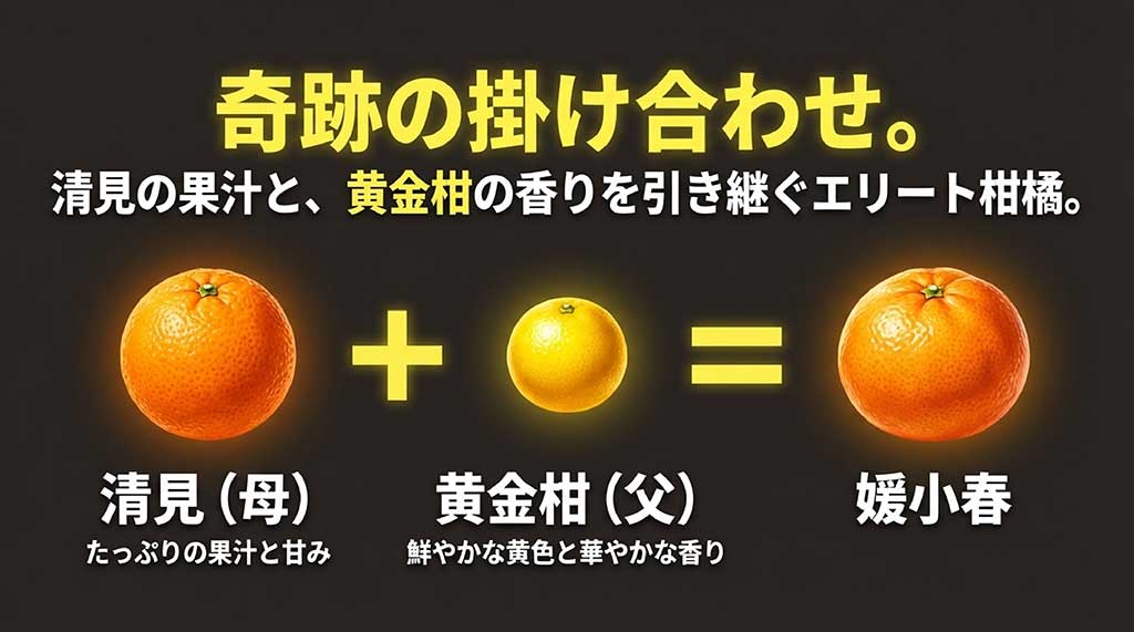 母方の清見と父方の黄金柑から引き継いだ特徴を説明するエリート柑橘の家系図スライド