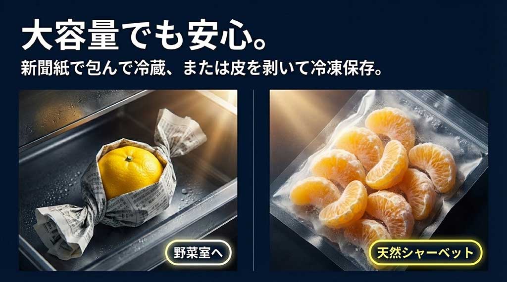 新聞紙に包んで野菜室へ入れる方法や、皮を剥いて冷凍し天然シャーベットにする方法を説明するスライド