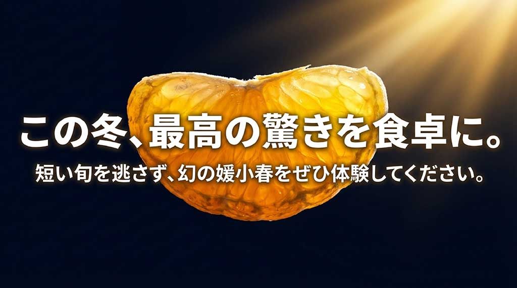 短い旬を逃さず、冬の最高の驚きである媛小春を体験してほしいというメッセージスライド